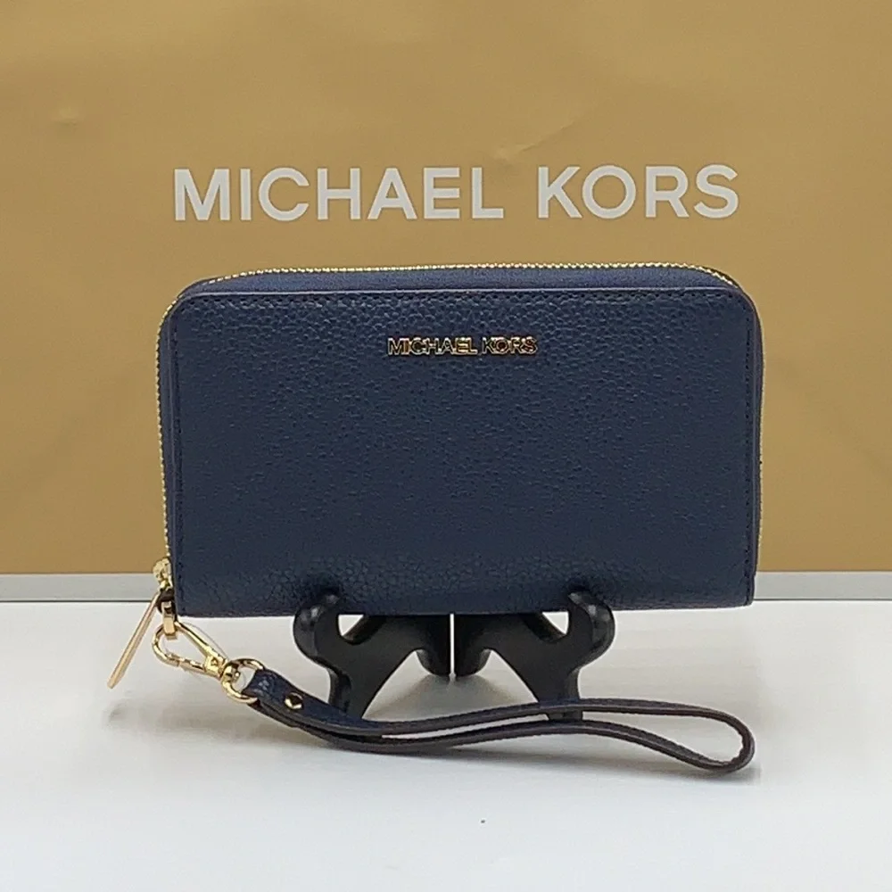 MICHAEL KORS LARGE FLAT MULTIFUNCTION PHONE CASE WALLET WRISTLET NAVY COLOR